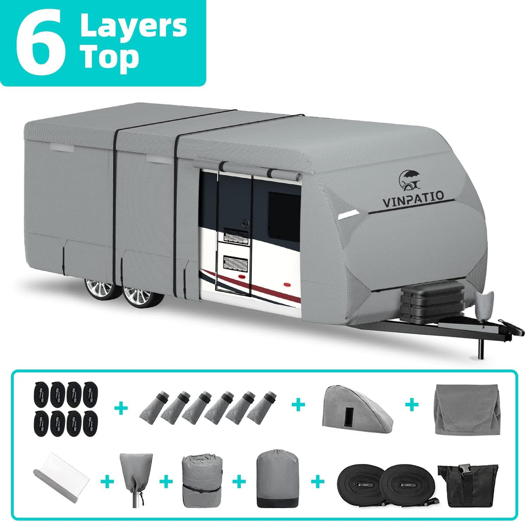 Travel Trailer Cover, 6 Layers Top RV Cover, Fits 27'-30' RV, with 1 Tongue Jack Cover, 2 Extra Straps, 6 Gutter Covers D58467