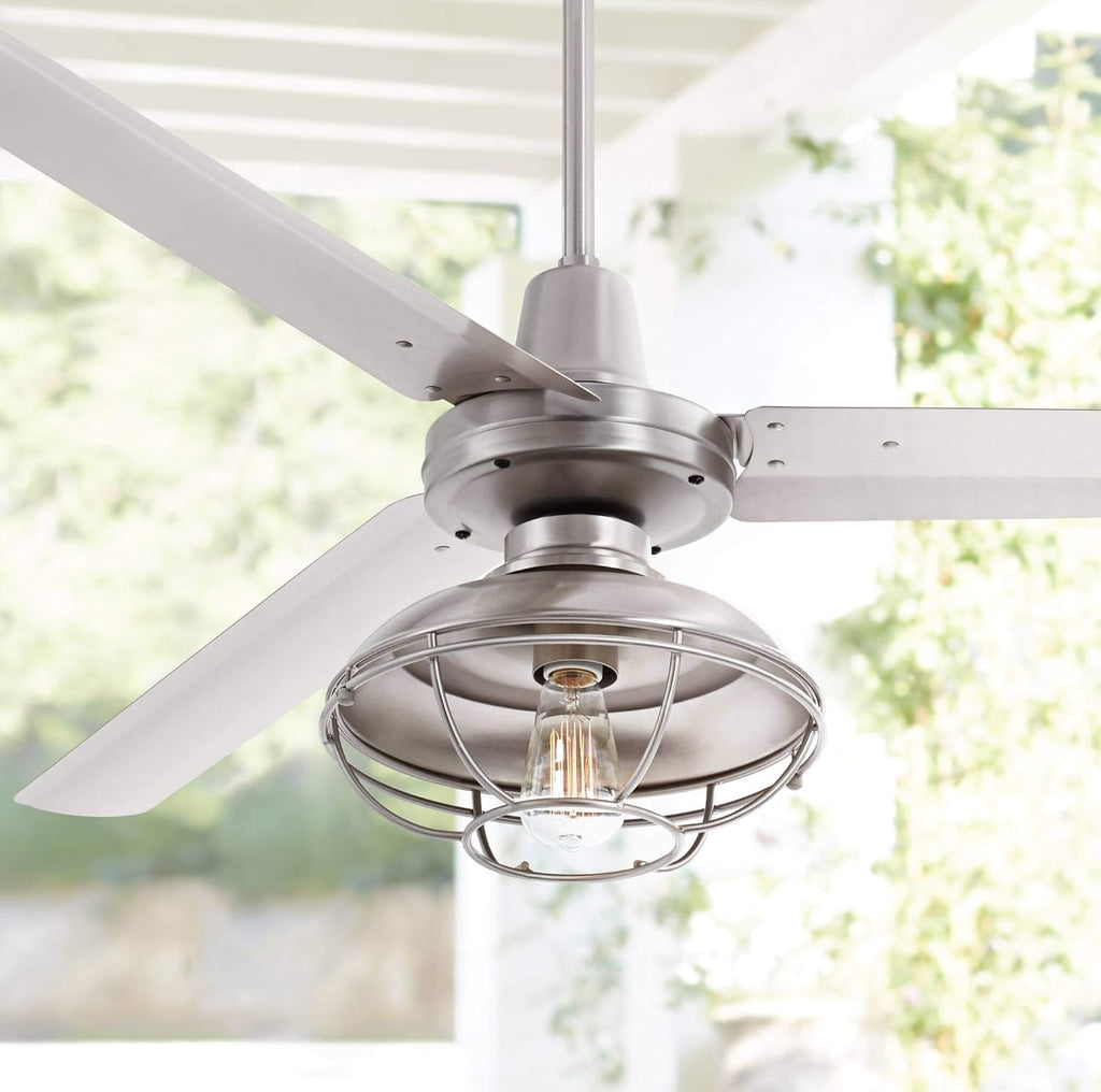 60 Turbina 3 Blade Indoor Outdoor Ceiling Fan with Remote Control Brushed Steel Silver Metal Damp Rated F905615