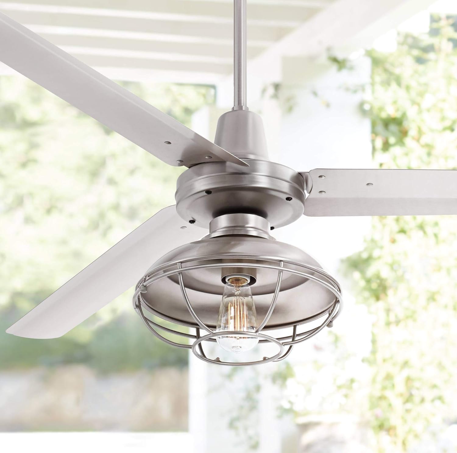 60 Turbina 3 Blade Indoor Outdoor Ceiling Fan with Remote Control Brushed Steel Silver Metal Damp Rated F905615