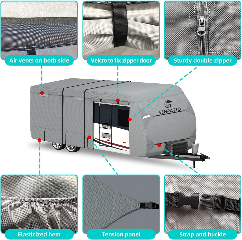 Travel Trailer Cover, 6 Layers Top RV Cover, Fits 27'-30' RV, with 1 Tongue Jack Cover, 2 Extra Straps, 6 Gutter Covers D58467