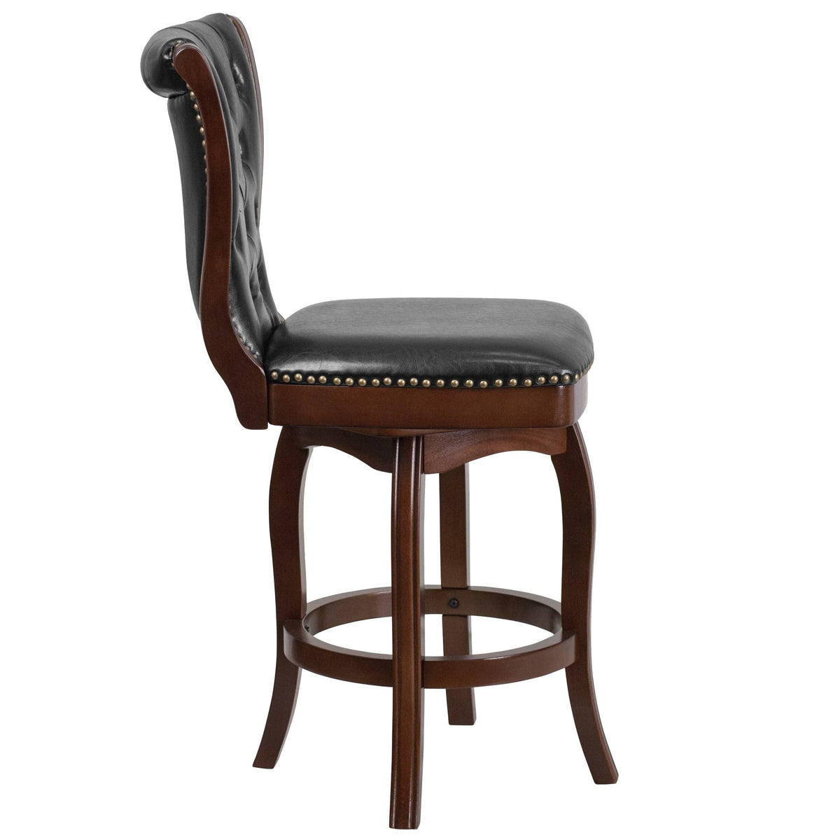 26 Inch Cappuccino Wood Counter Height Stool with Black Leather Swivel Seat O8760