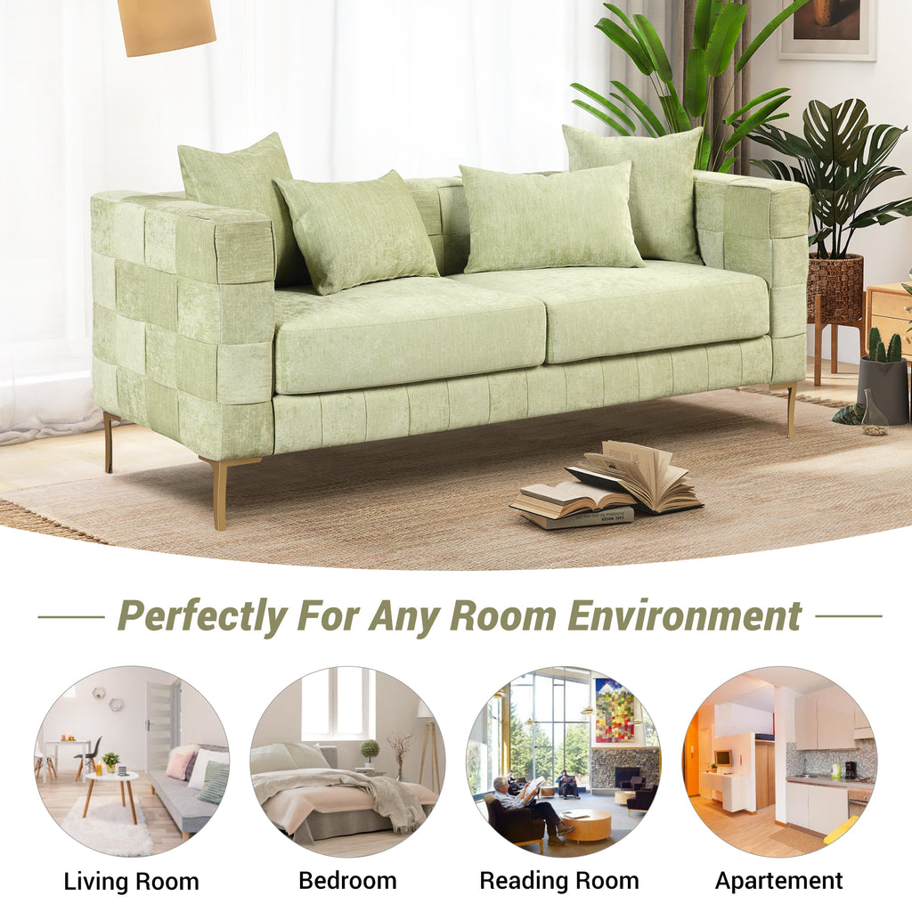 Medium Spring Bud Green Upholstered Sofa with 4 Pillows and Golden Metal Legs J7900