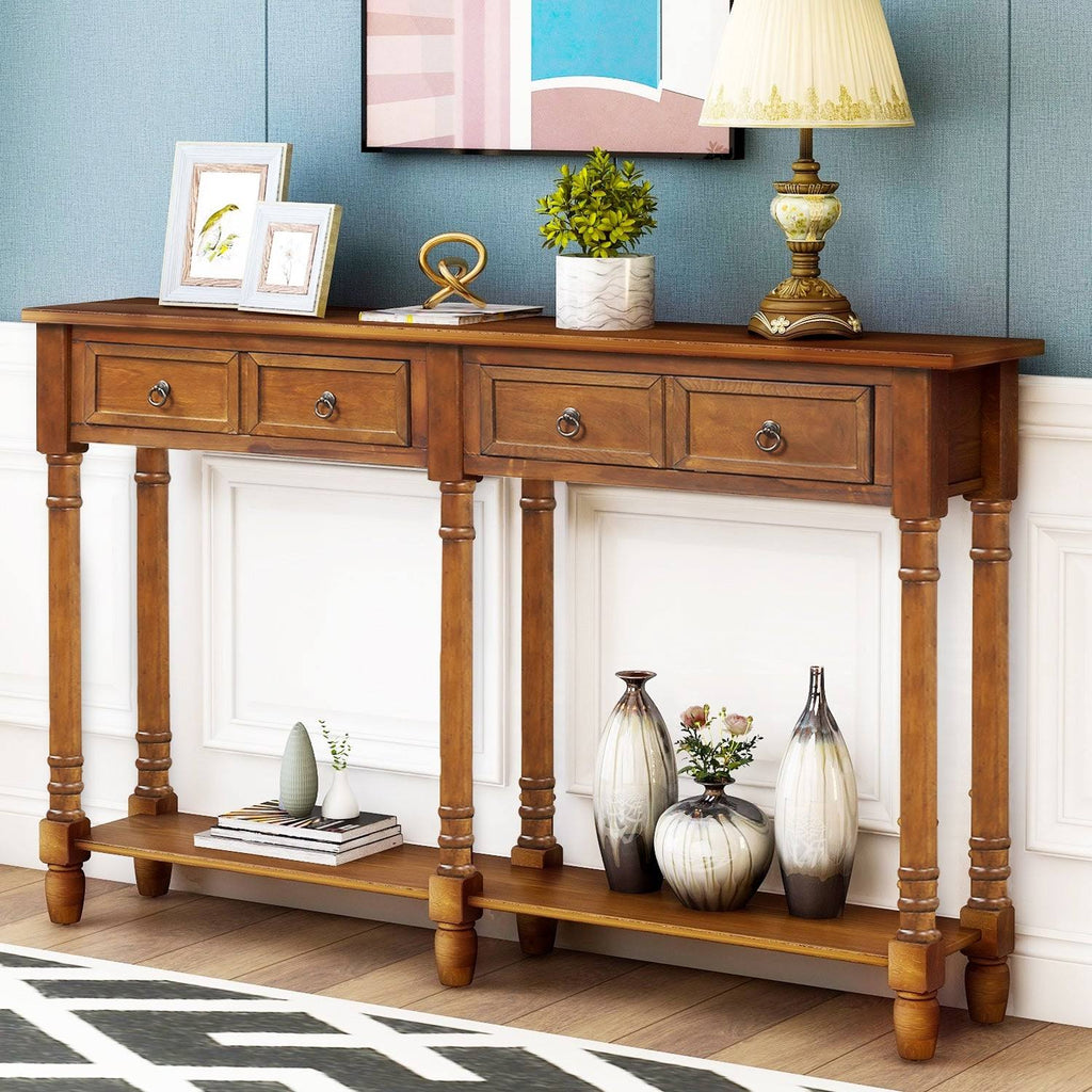 Walnut Rectangular Console Table with Drawers and Long Shelf C435787