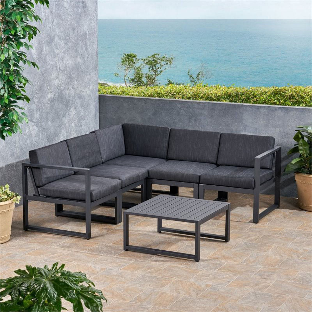 6 Piece Outdoor Aluminum Sectional Sofa Set in Dark Gray I2739