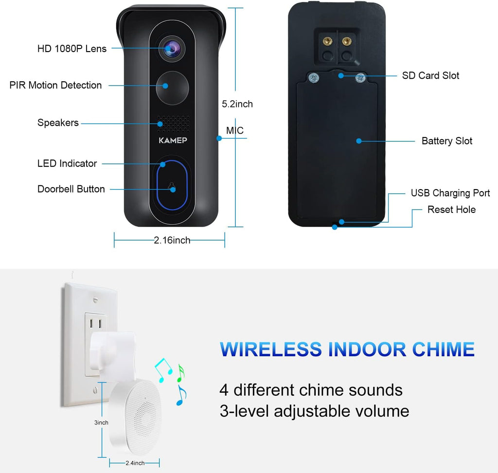 Wireless Wifi Video Doorbell Camera With Chime HD 1080P Waterproof Battery Powered 2-Way Audio Motion Detection IR Wide Angle Cloud Storage U678
