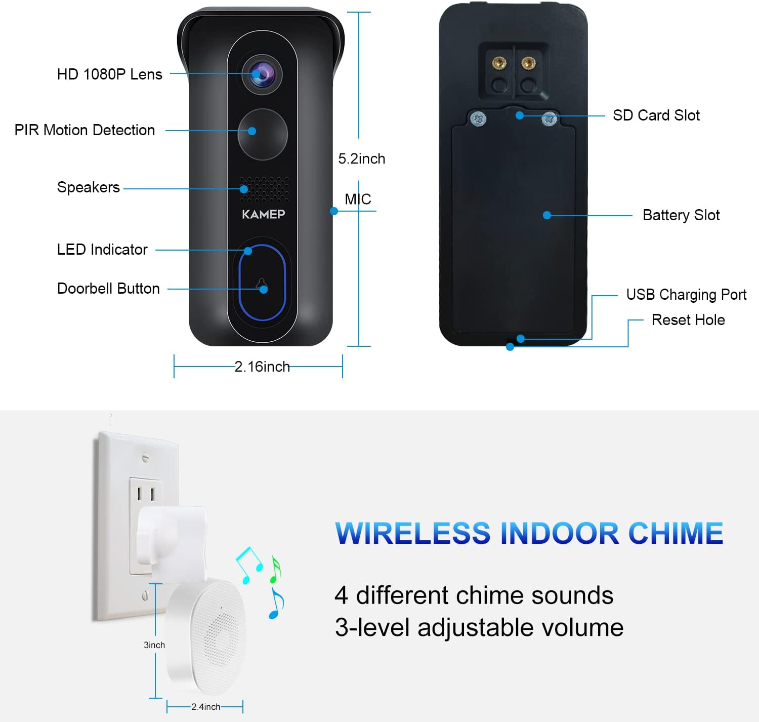 Wireless Wifi Video Doorbell Camera With Chime HD 1080P Waterproof Battery Powered 2-Way Audio Motion Detection IR Wide Angle Cloud Storage U678