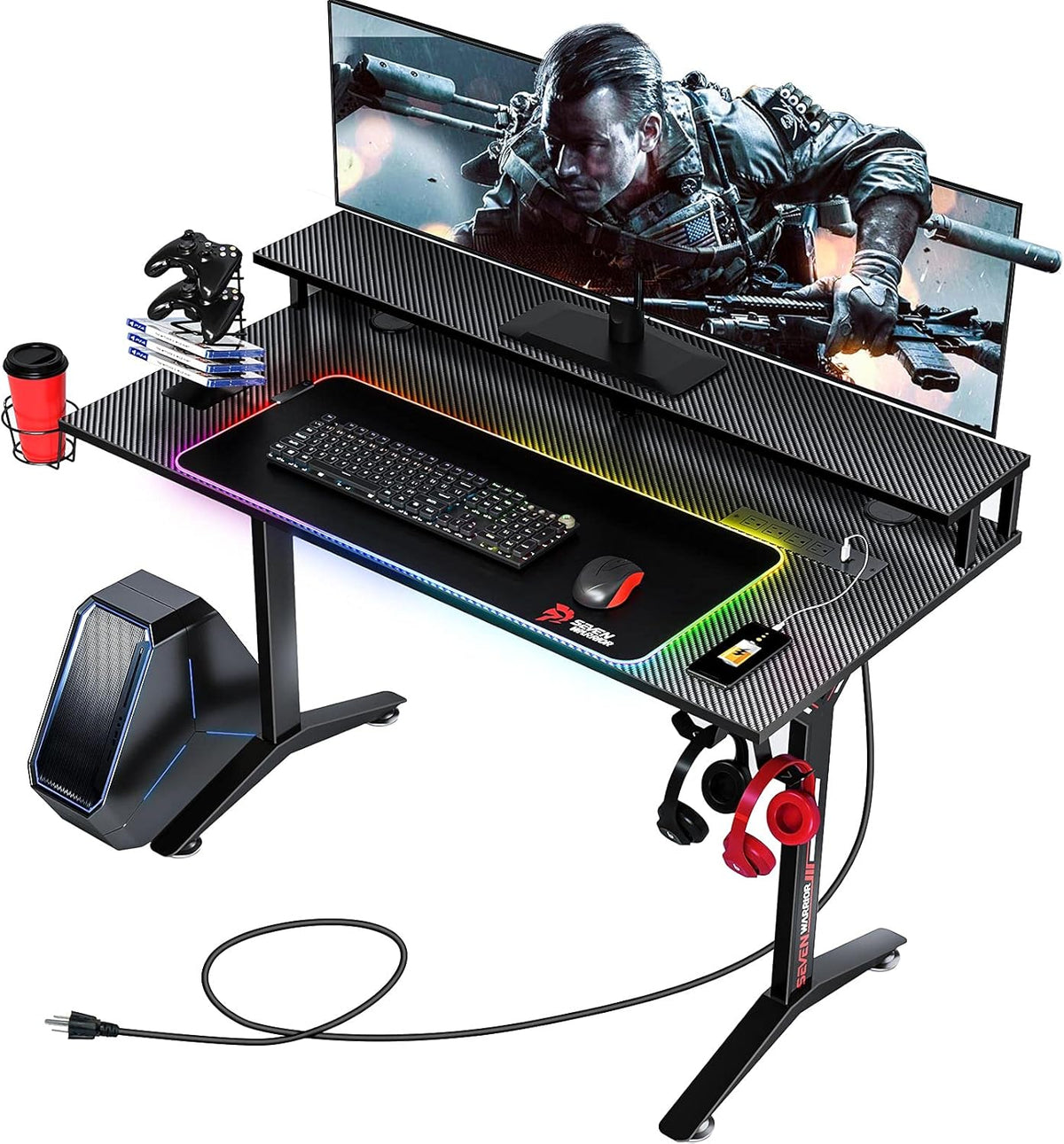 Gaming Desk 60INCH with RGB Mouse Pad, Power Outlet, Carbon Fiber Surface, Monitor Stand, Cup Holder, Headphone Hook A711