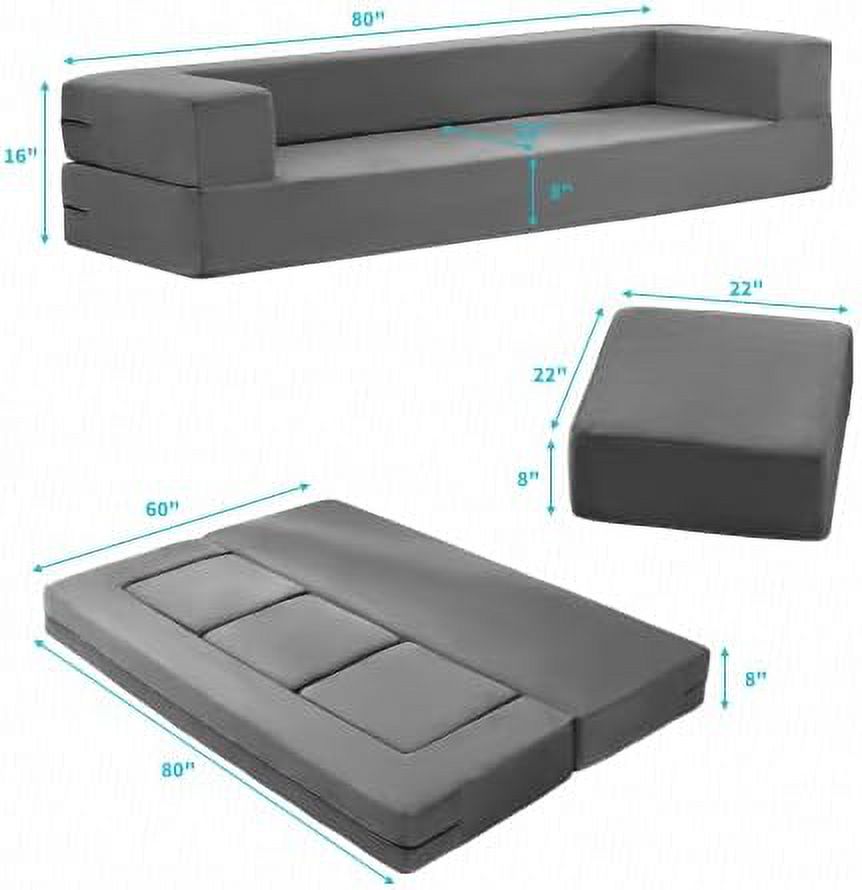 Velvet Convertible Floor Sofa Bed with 3 Ottomans Memory Foam Pull Out Couch Q81441