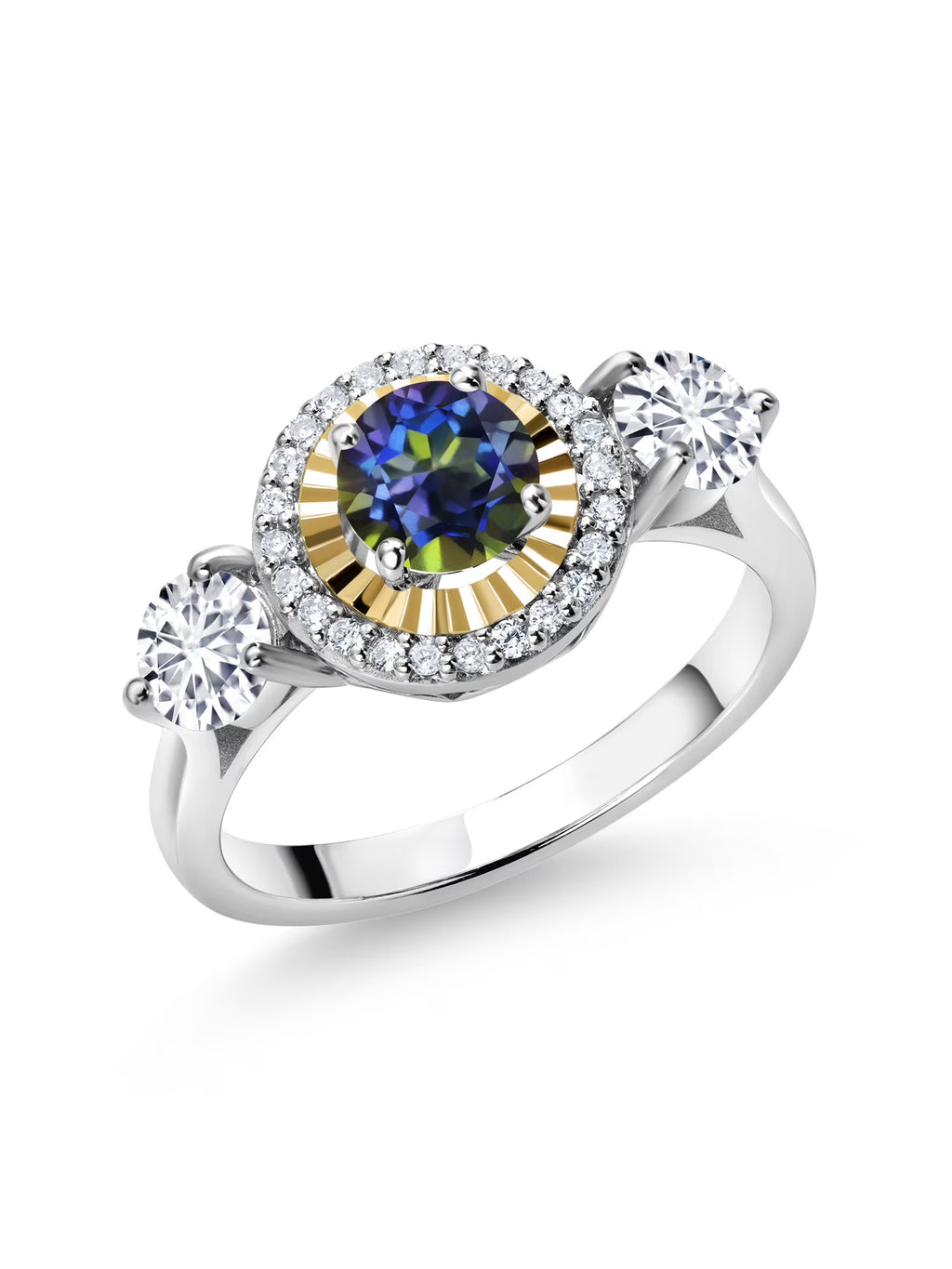 1.16 Ct Blue Mystic Topaz 925 Silver 10K Yellow Gold 3 Stone Engagement Ring V8963