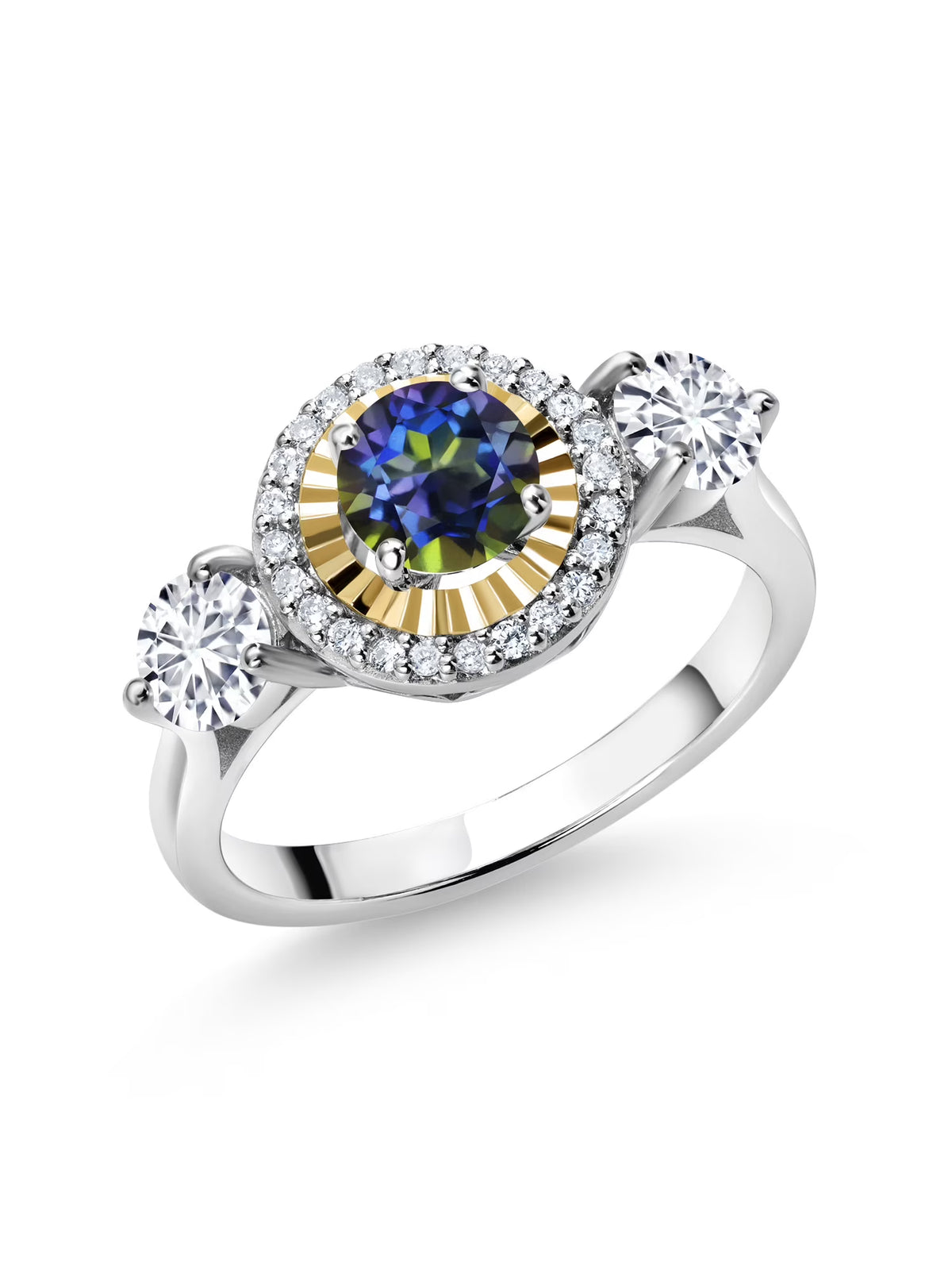 1.16 Ct Blue Mystic Topaz 925 Silver 10K Yellow Gold 3 Stone Engagement Ring V8963