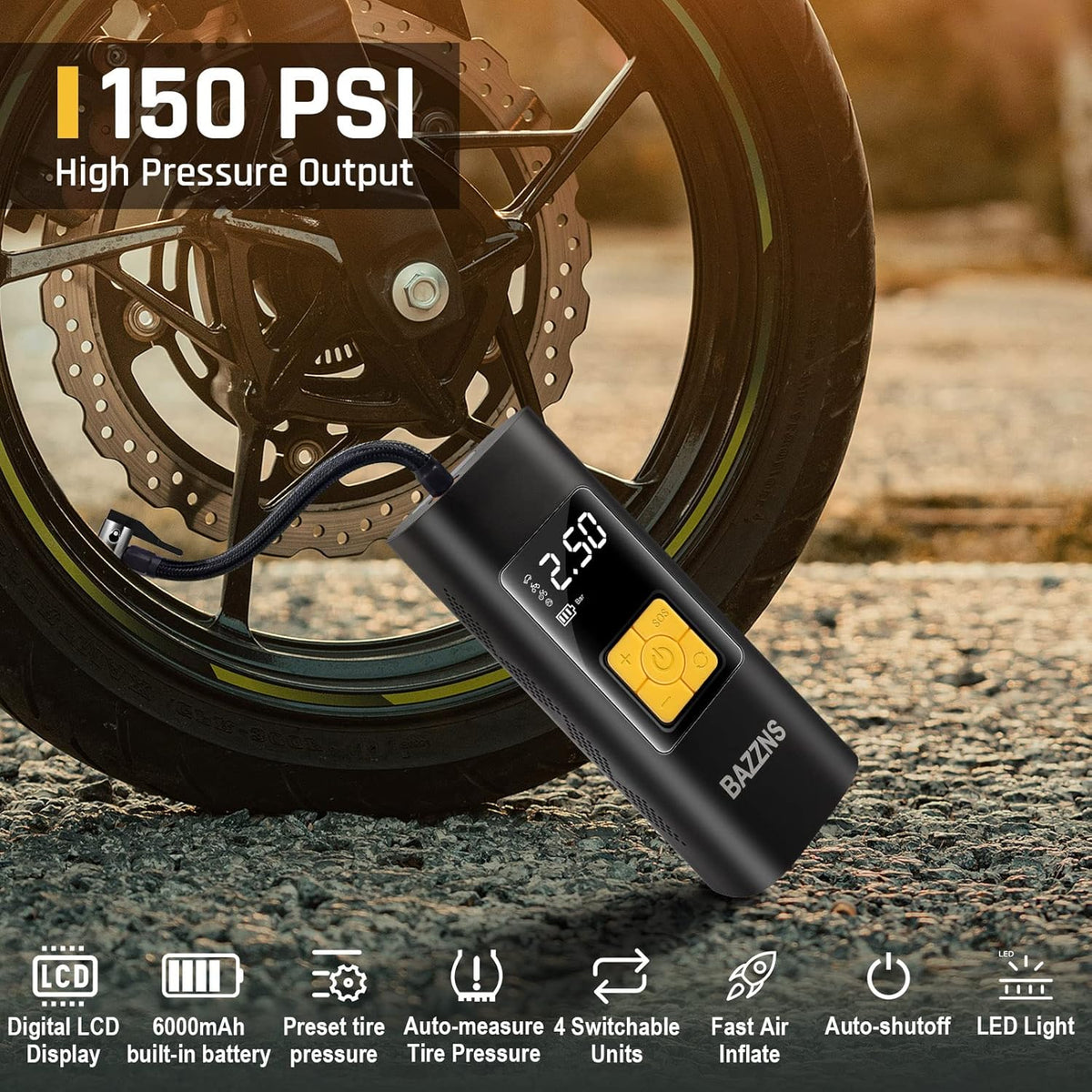 Cordless Tire Inflator Portable Air Compressor with 6000 mAh Battery Pressure Gauge LED Light T589