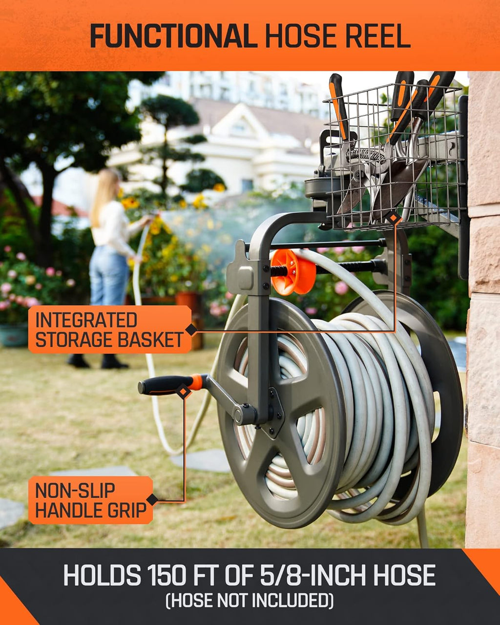 Wall Mounted Metal Hose Reel with Detachable Basket C966