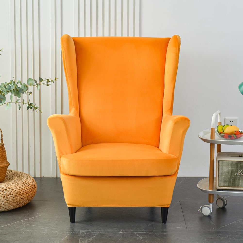 Orange Velvet Stretch Wingback Chair Sofa Slipcover with Elastic Bottom Y2261