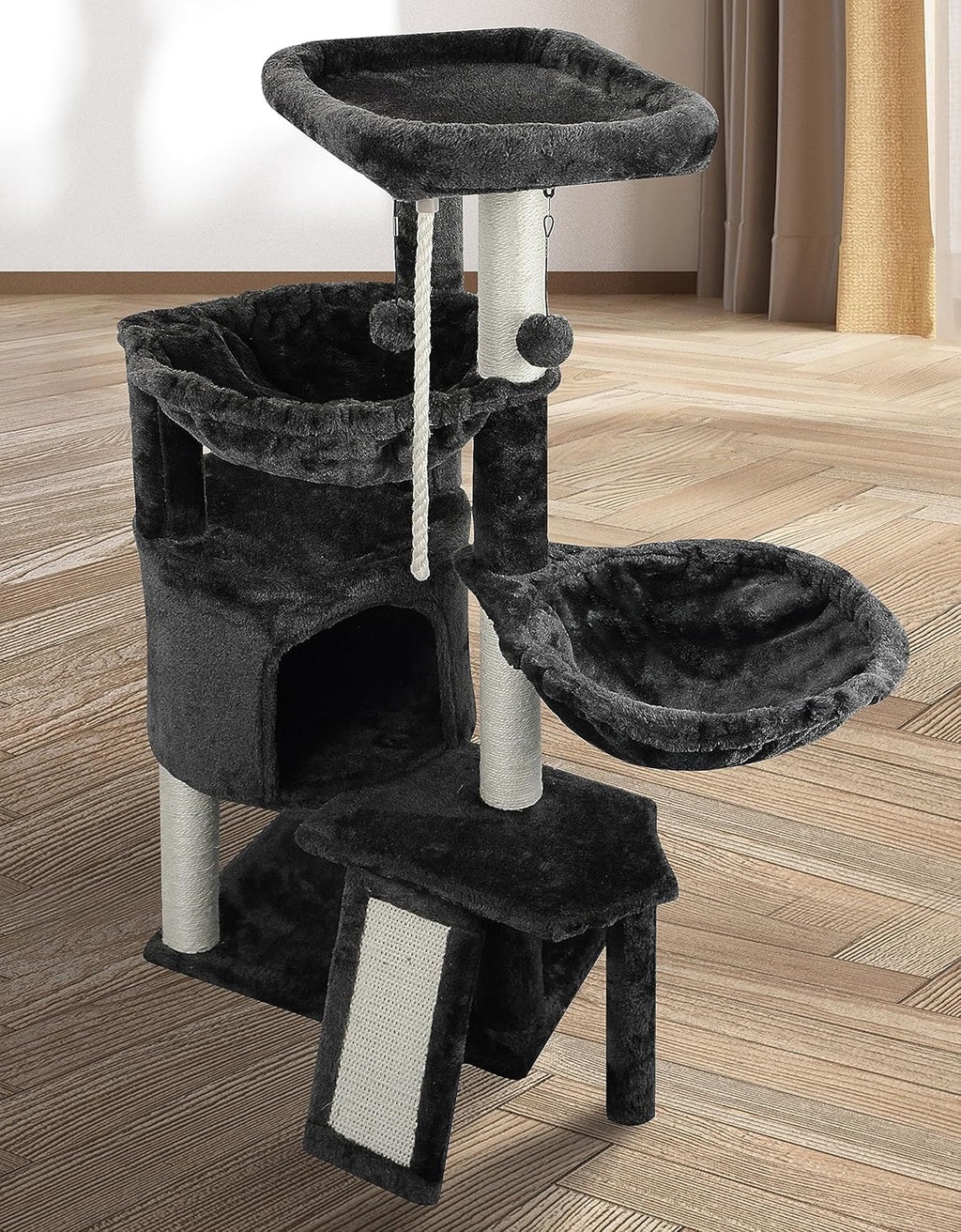 Darkgray Cat Tree with Cat Condo and Two Hammocks W428