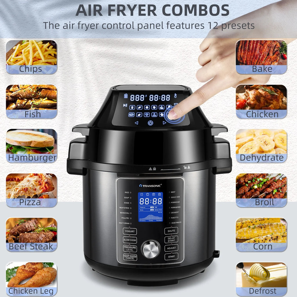 6 Quart Pressure Cooker and Air Fryer Combo with 2 Detachable Lids T190