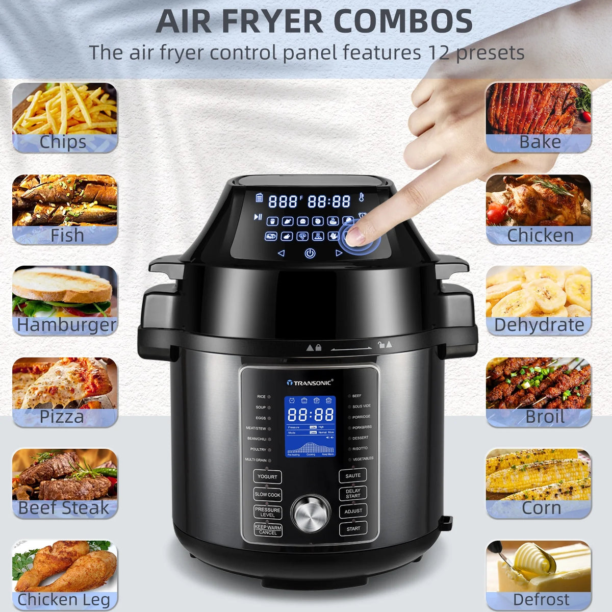 6 Quart Pressure Cooker and Air Fryer Combo with 2 Detachable Lids T190