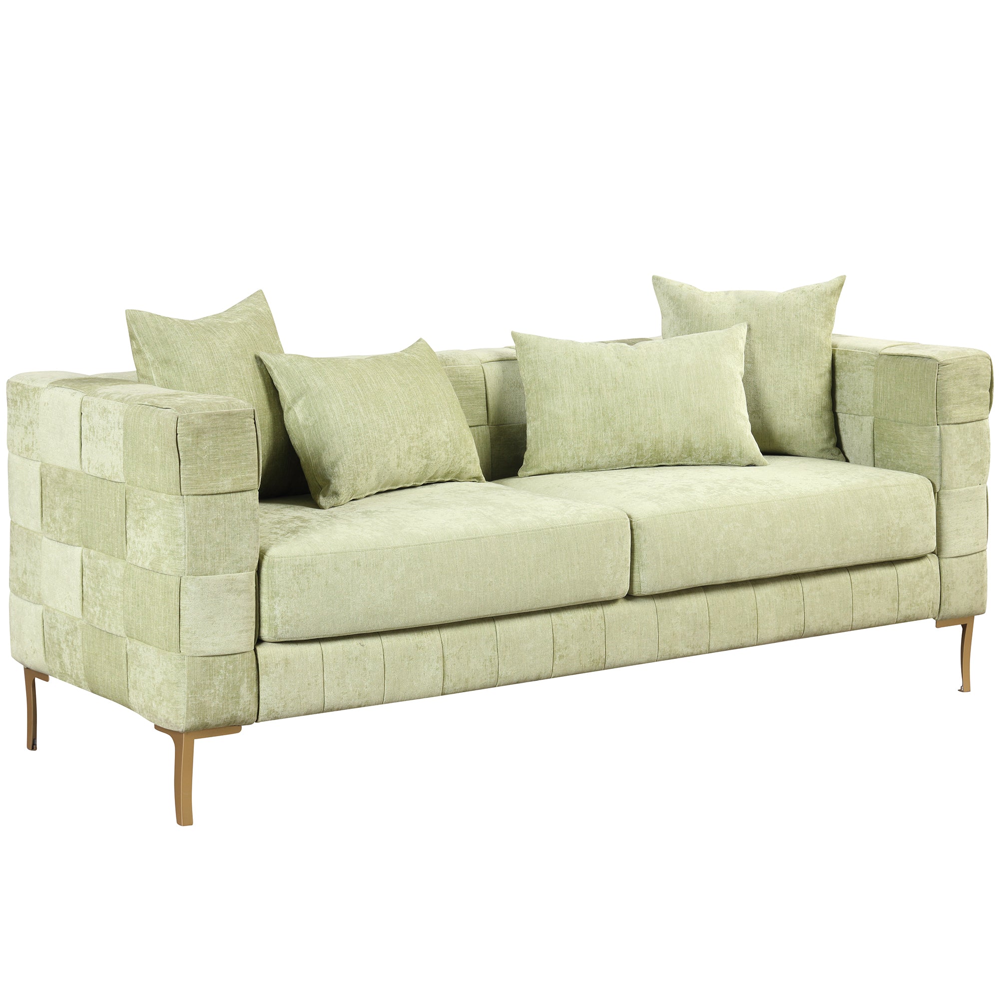 Medium Spring Bud Green Upholstered Sofa with 4 Pillows and Golden Metal Legs J7900