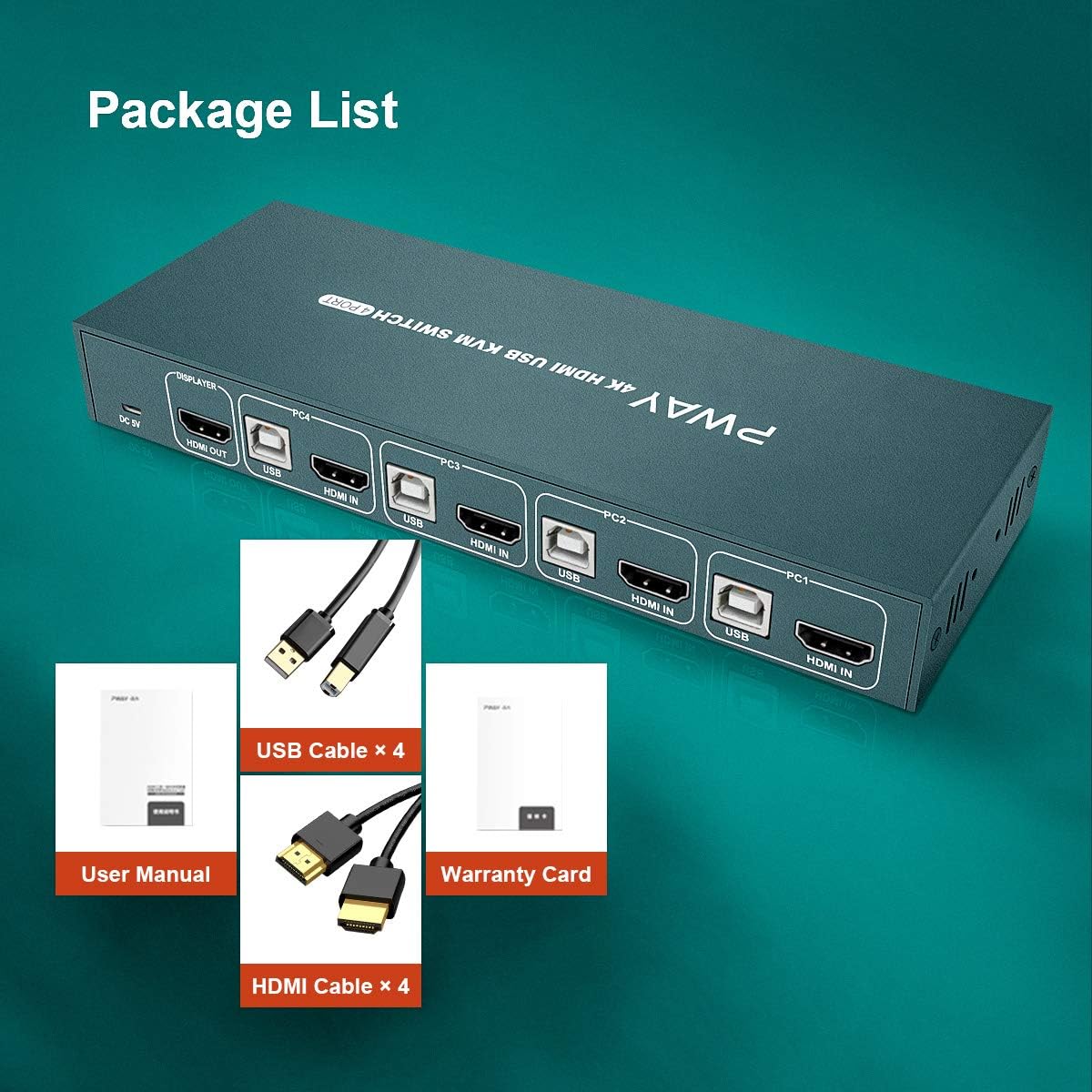 4x1 HDMI KVM Switch 4 Port Ultra HD 4K@30Hz USB 2.0 with 4 HDMI and USB Cables Y84083