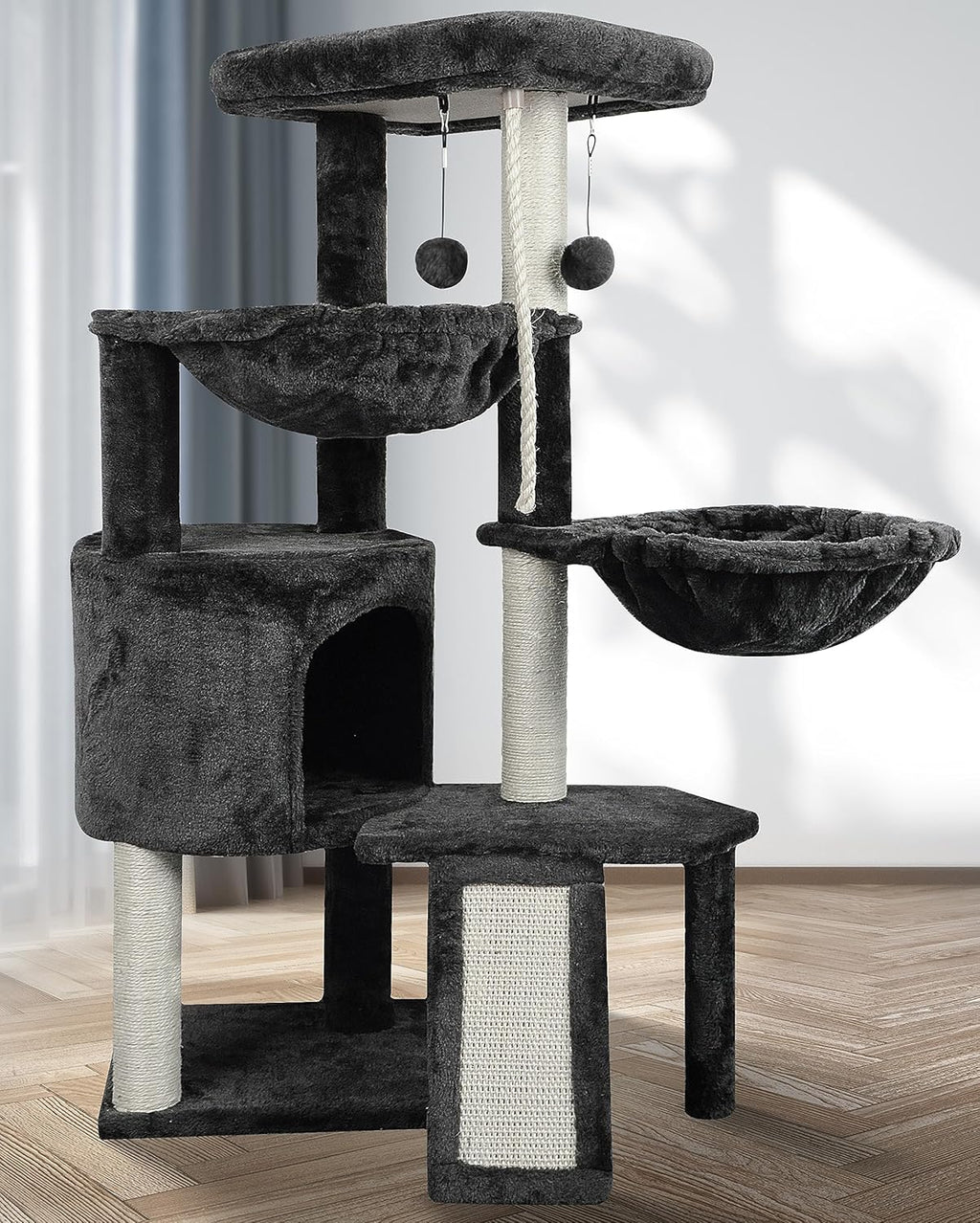 Darkgray Cat Tree with Cat Condo and Two Hammocks W428