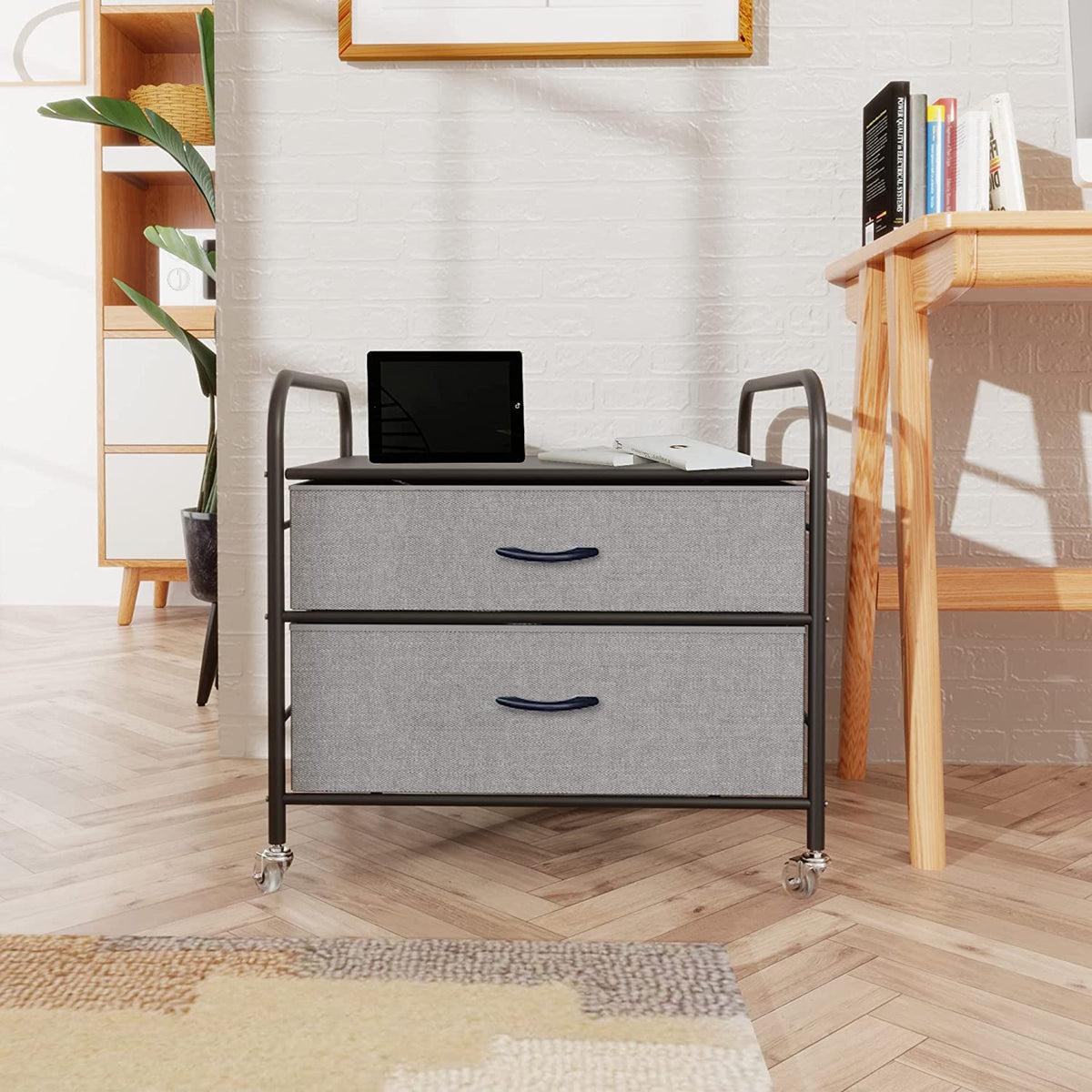 Fridge Stand with Storage, 2 Drawer, Metal Frame, 4 Swivel Wheels F38537