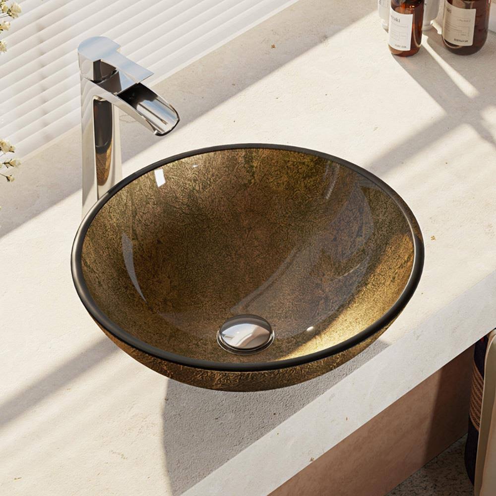 Foil Undertone Glass Vessel Sink with Antique Bronze Vessel Faucet A85957