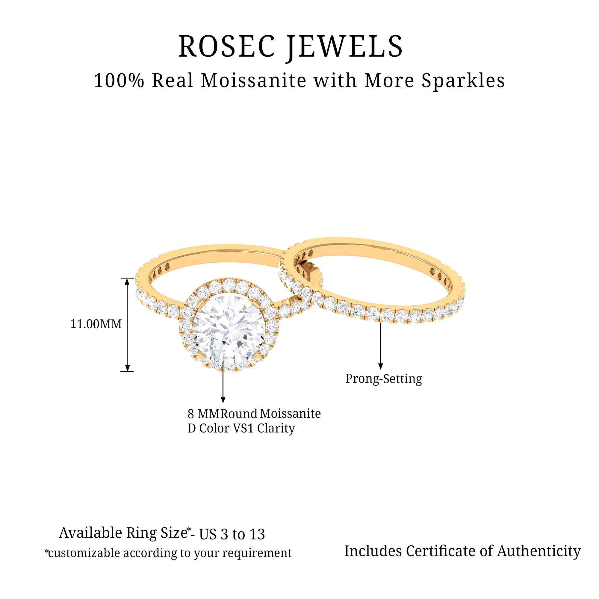 18K Yellow Gold Moissanite Wedding Ring Set, US 5.50 P6052