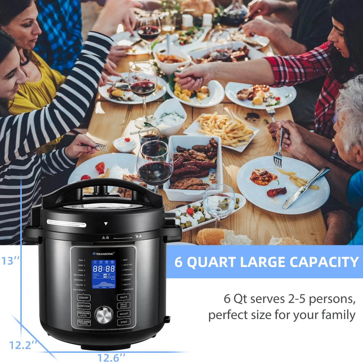 6 Quart Pressure Cooker and Air Fryer Combo with 2 Detachable Lids T190