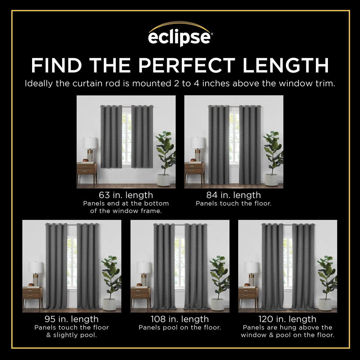 100% Blackout Faux Linen Grommet Curtains (2 Panels) 63x42 Charcoal D2500