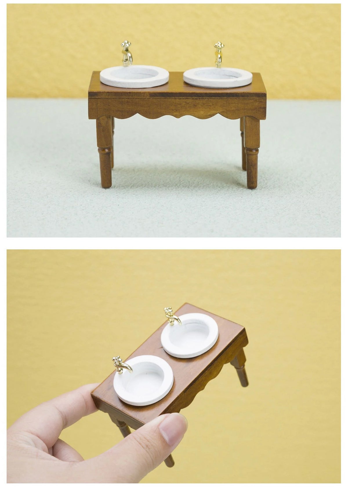 Walnut Color Double Basin Wash Sink Dollhouse Miniature Furniture N3815