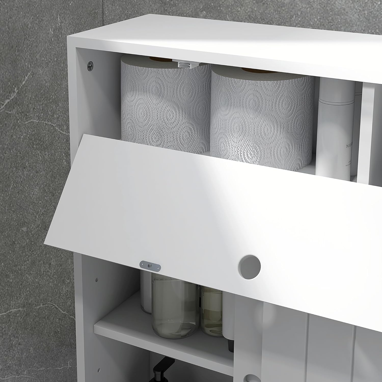 White Slim Bathroom Cabinet with 4 Rolling Wheels and Sliding Doors M49970