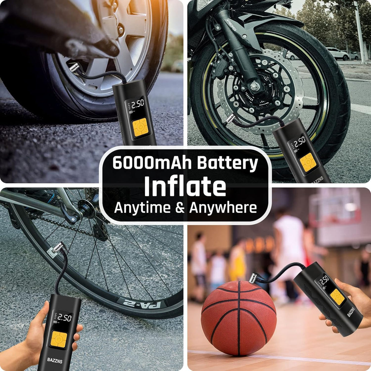 Cordless Tire Inflator Portable Air Compressor with 6000 mAh Battery Pressure Gauge LED Light T589