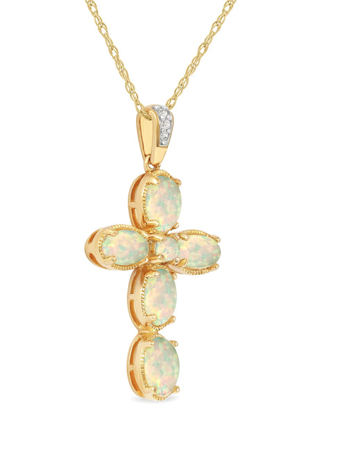 10k Yellow Gold Oval Cut Ethiopian Opal Cross Necklace D11047