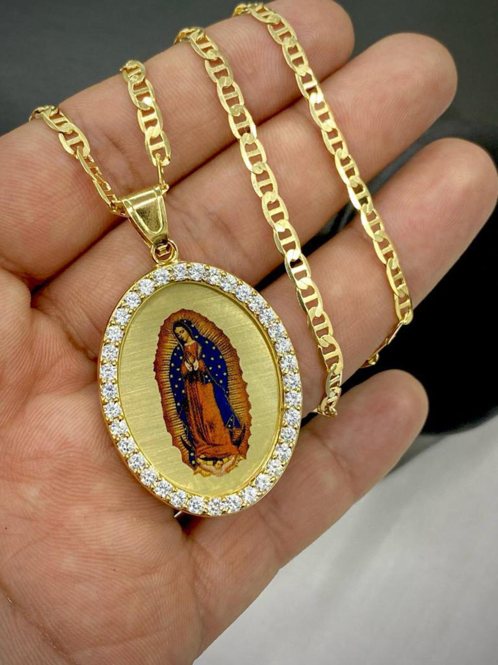 14K Gold Filled Virgen De Guadalupe Necklace CZ Mariner Chain Enamel 20" D640424