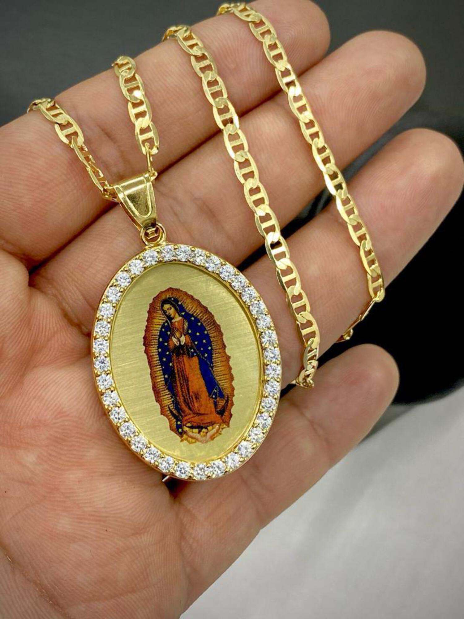 14K Gold Filled Virgen De Guadalupe Necklace CZ Mariner Chain Enamel 20" D640424