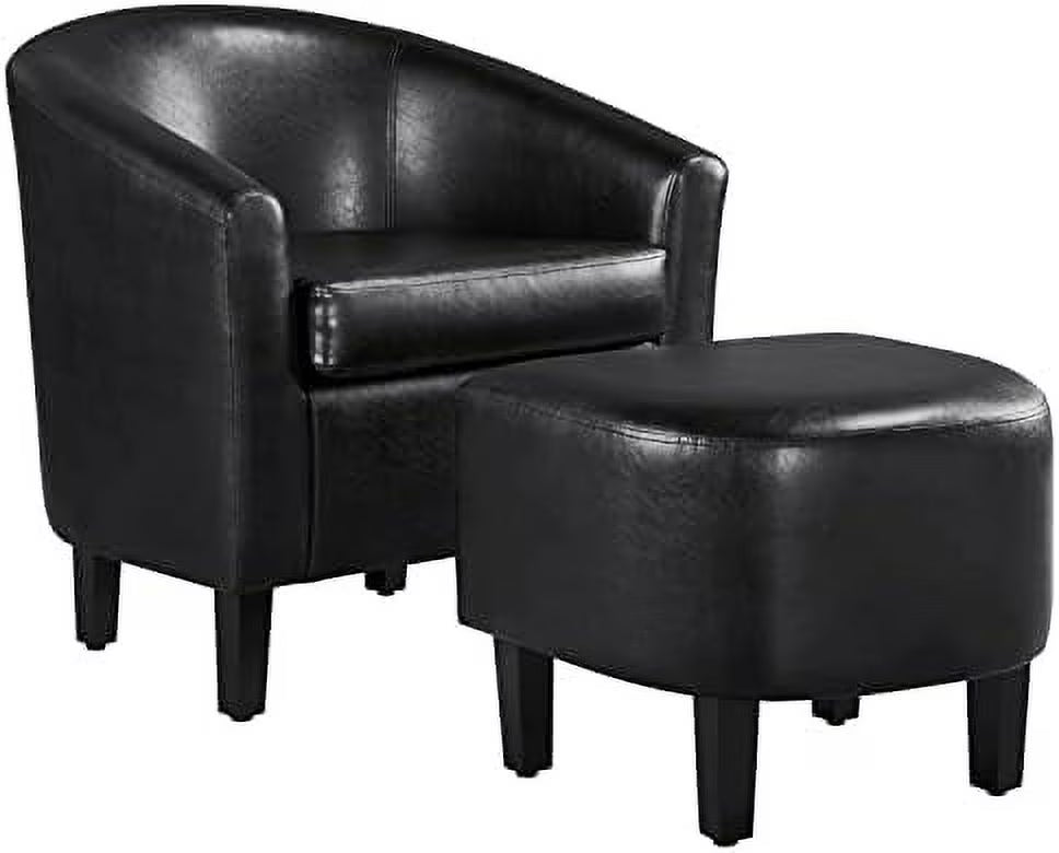Black PU Leather Barrel Accent Chair with Ottoman Footrest Set S64071