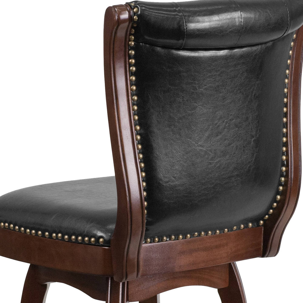 26 Inch Cappuccino Wood Counter Height Stool with Black Leather Swivel Seat O8760