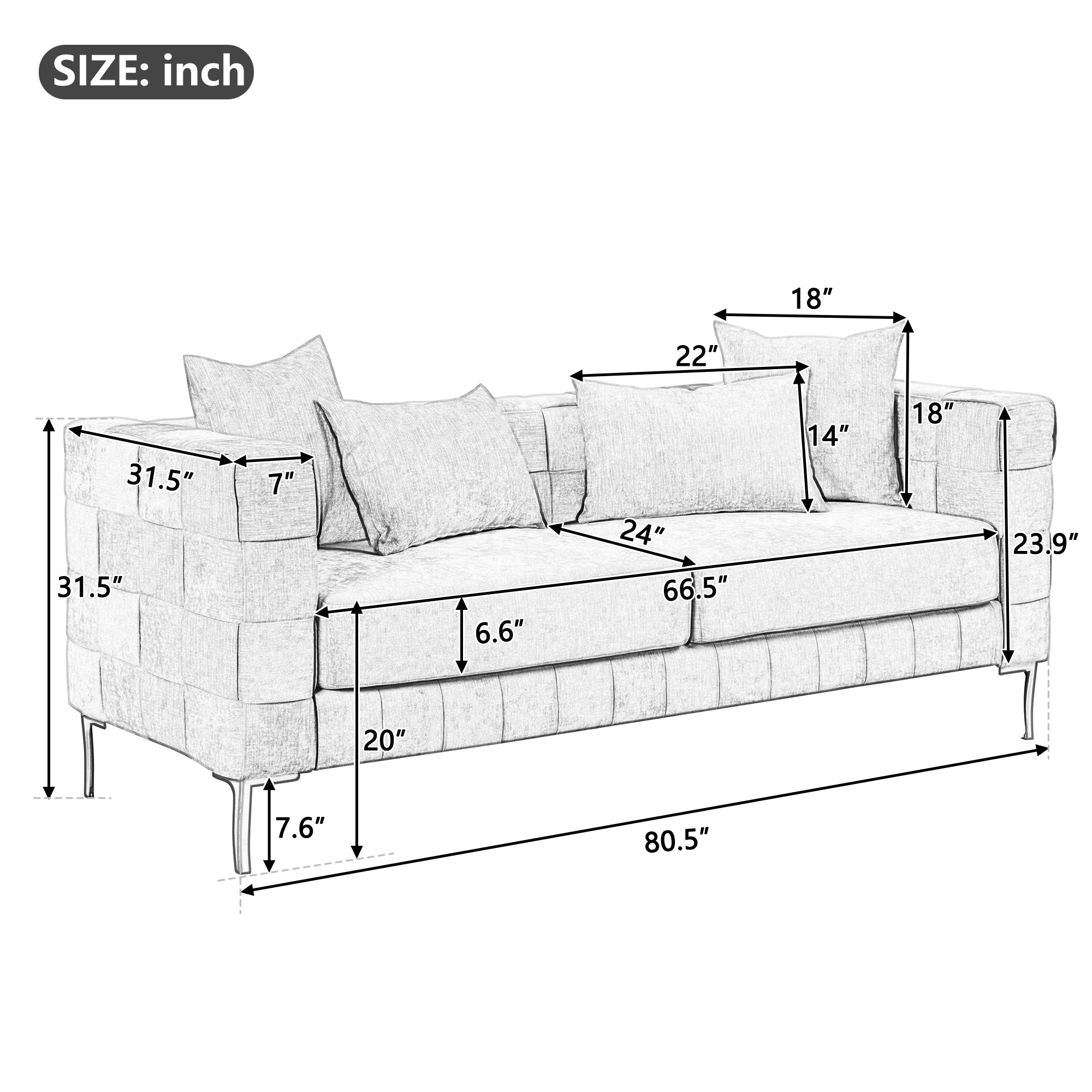 Medium Spring Bud Green Upholstered Sofa with 4 Pillows and Golden Metal Legs J7900