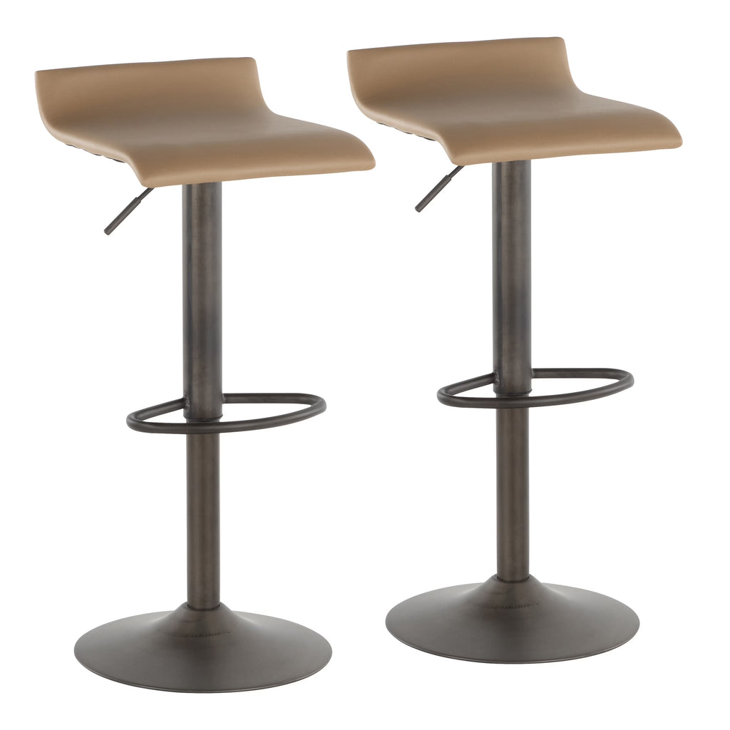 Industrial Barstool in Antique Metal and Camel Faux Leather, Set of 2 C873