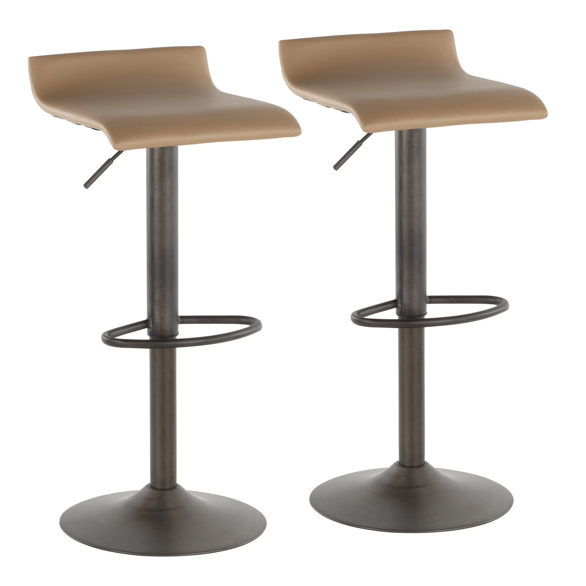 Industrial Barstool in Antique Metal and Camel Faux Leather, Set of 2 C873