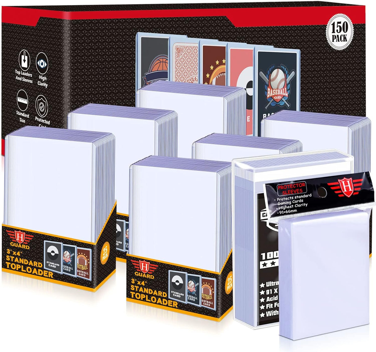 150 Count TopLoaders Card Sleeves and 200 Count Clear Soft Sleeves for Trading Card, Protective Sleeves Holder, Pack of 2 V4051