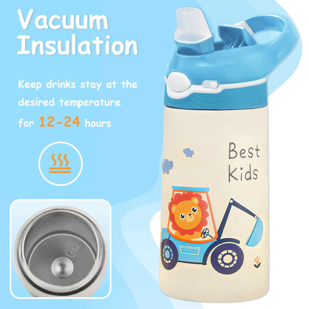 13.5Oz Insulated Stainless Steel Kids Water Bottle with Straw R9545