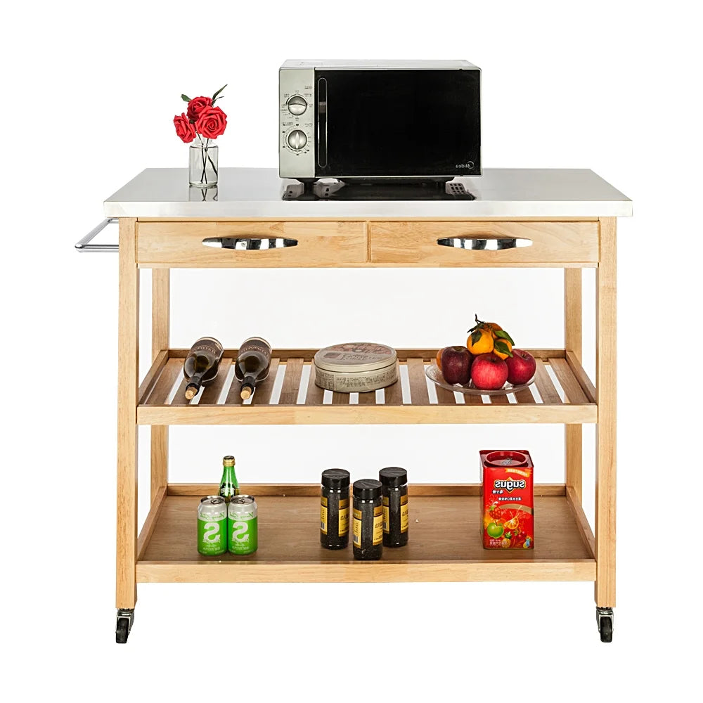 Rolling Kitchen Island Storage Serving Cart with Stainless Steel Countertop, 2 Drawers, 2 Shelves, Lockable Wheels W894