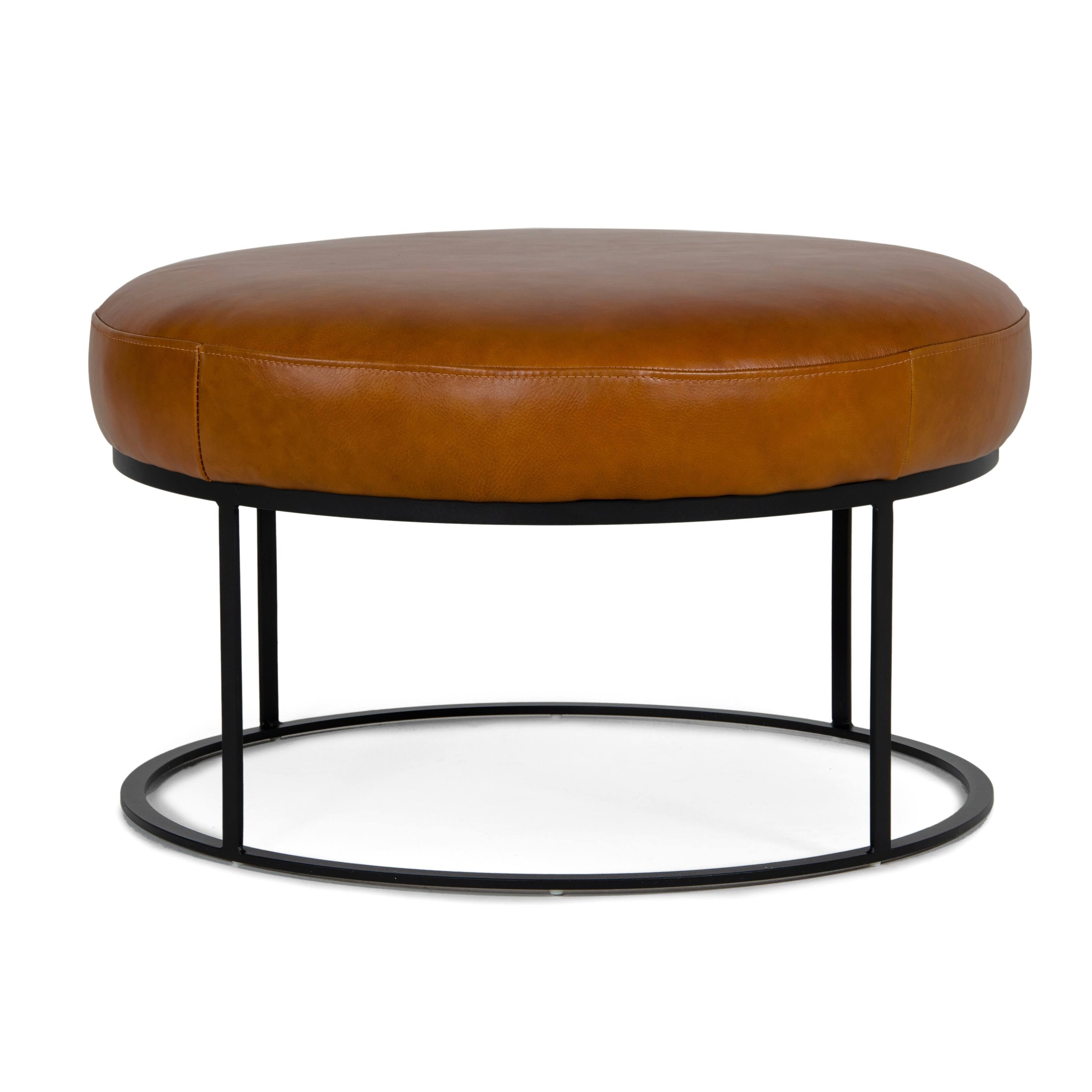 Brown Leather Round Ottoman Q165