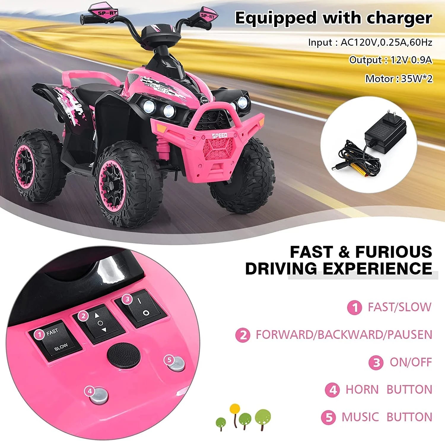 12V 4 Wheeler Quad Toy Ride On ATV with LED Lights (Coral) A7644