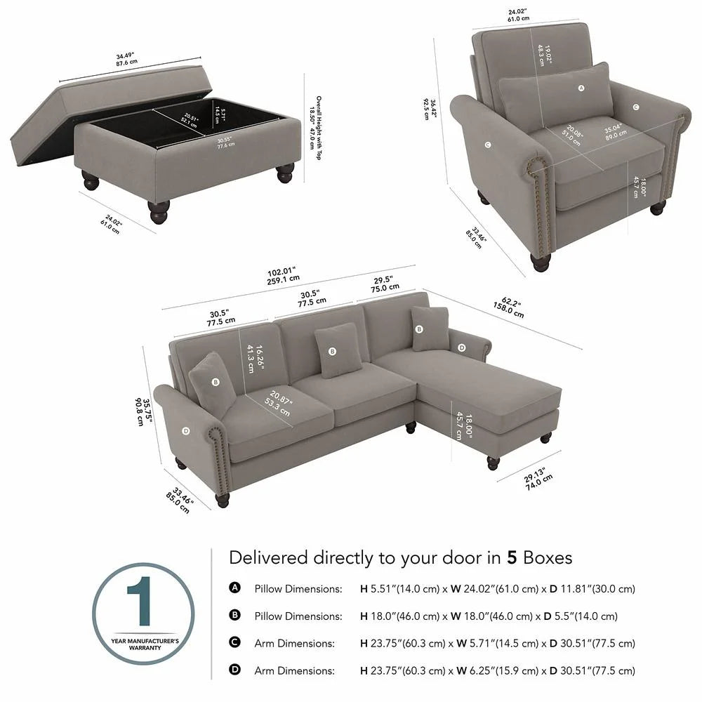 Beige Herringbone Fabric Sectional Couch with Ottoman T685