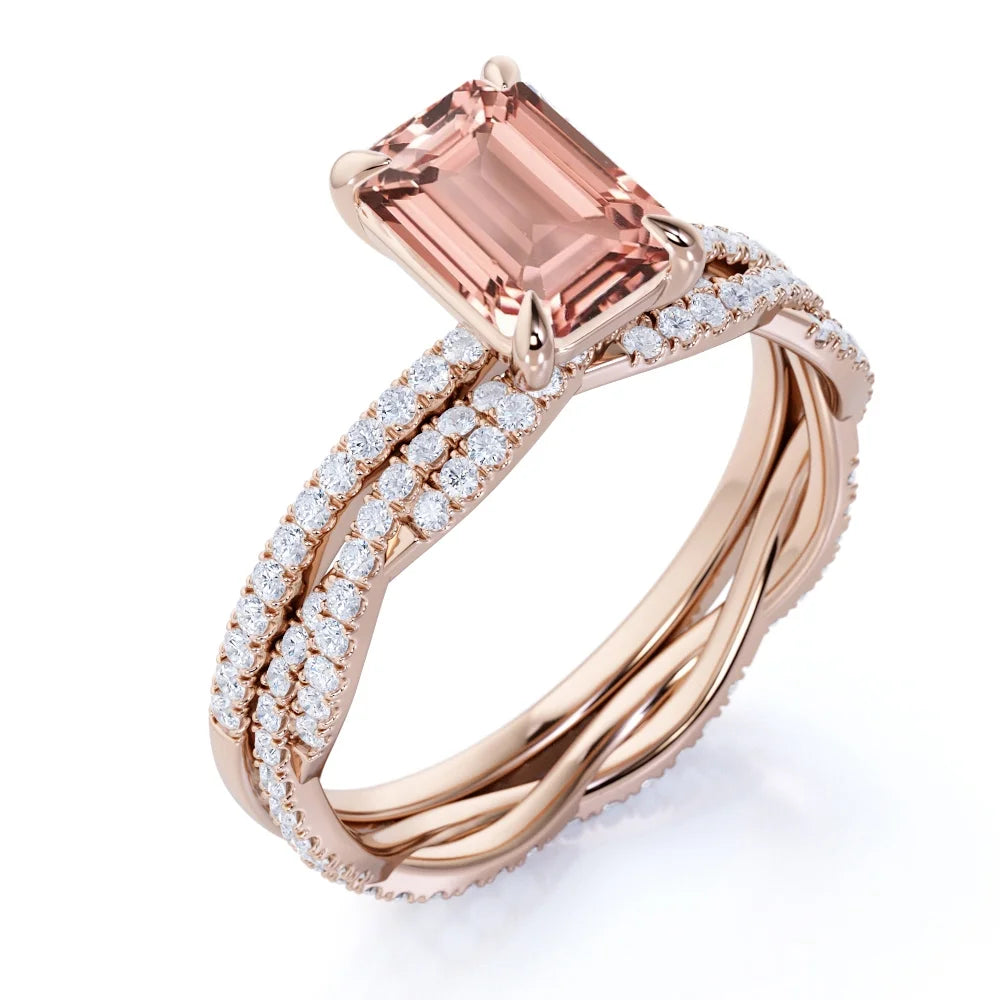 2 Carat Emerald Cut Morganite Bridal Trio Set U6289