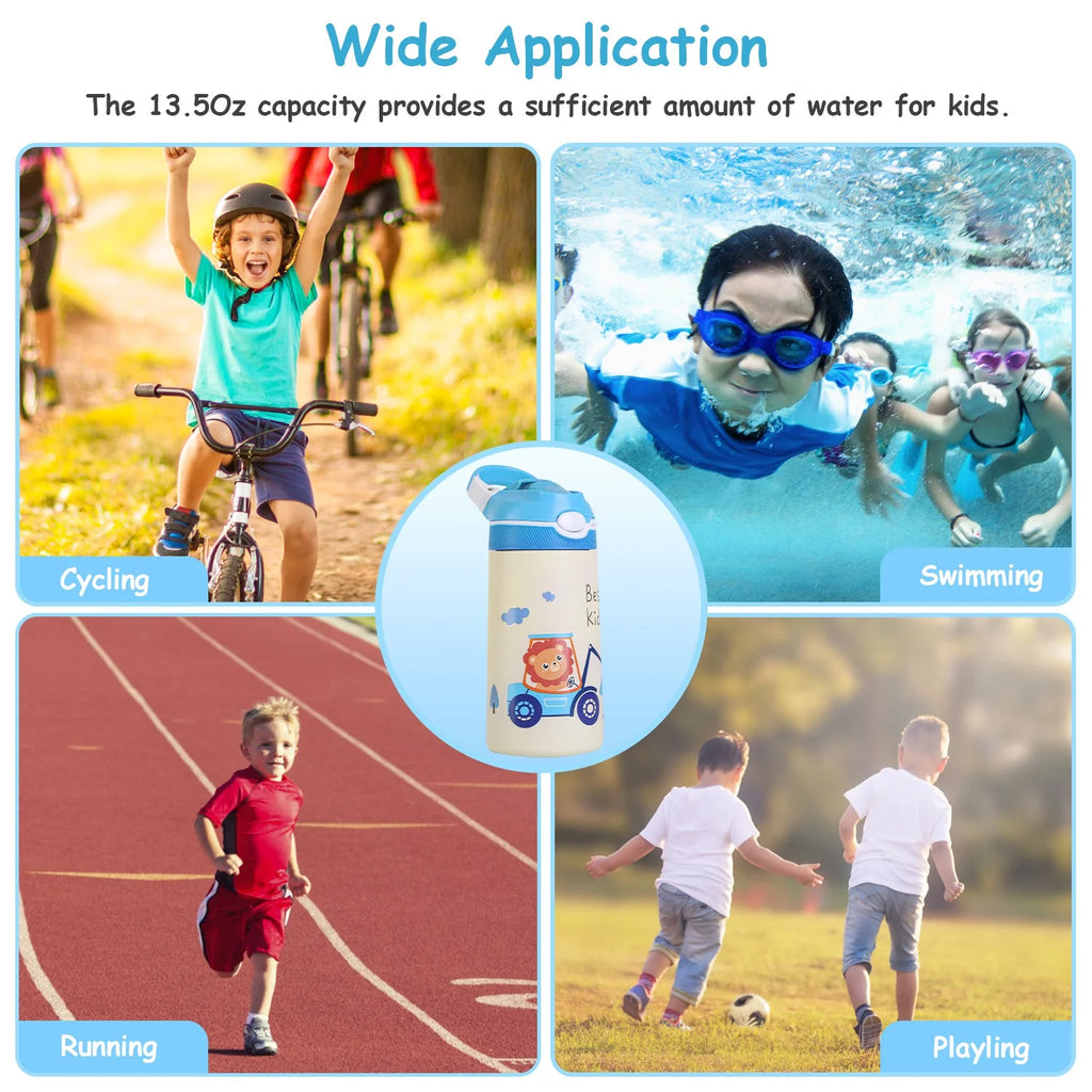 13.5Oz Insulated Stainless Steel Kids Water Bottle with Straw R9545