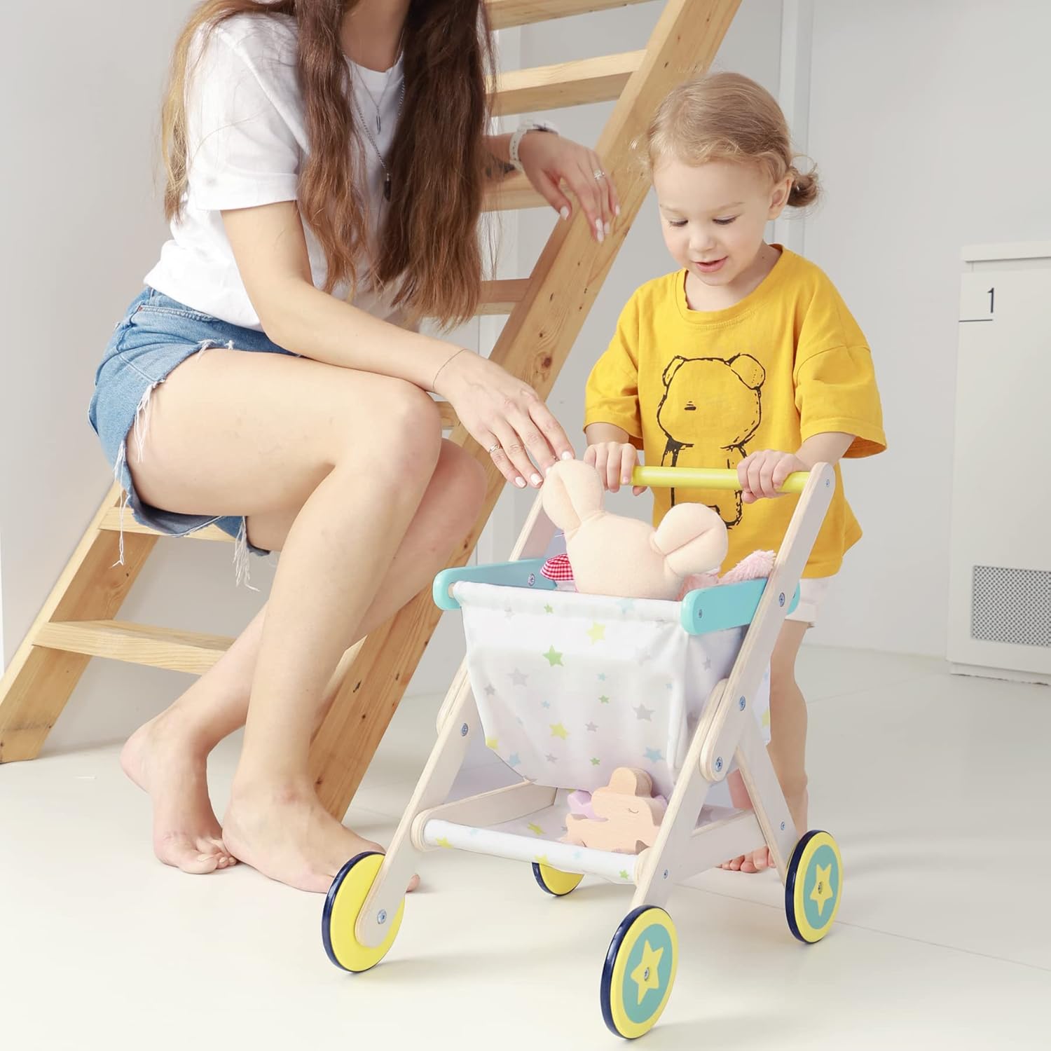 Kids Wooden Push Walker & Shopping Cart 2-in-1 O45743
