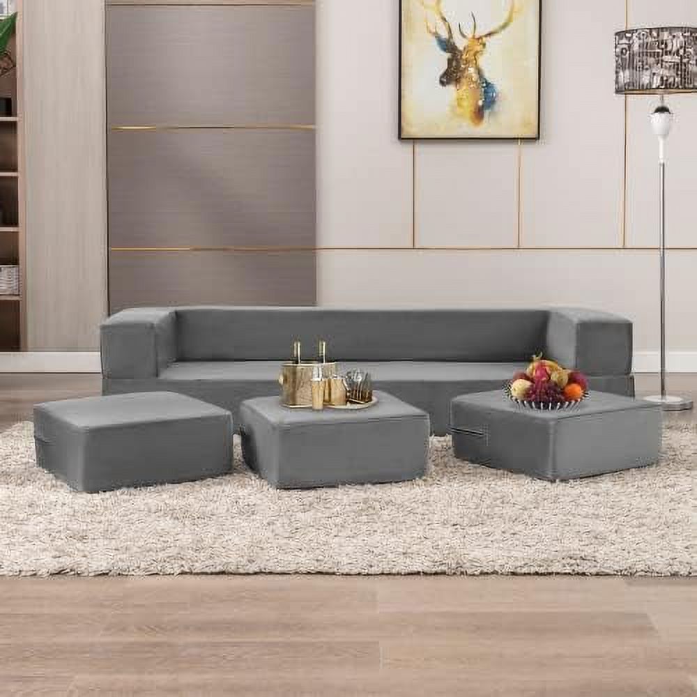 Velvet Convertible Floor Sofa Bed with 3 Ottomans Memory Foam Pull Out Couch Q81441