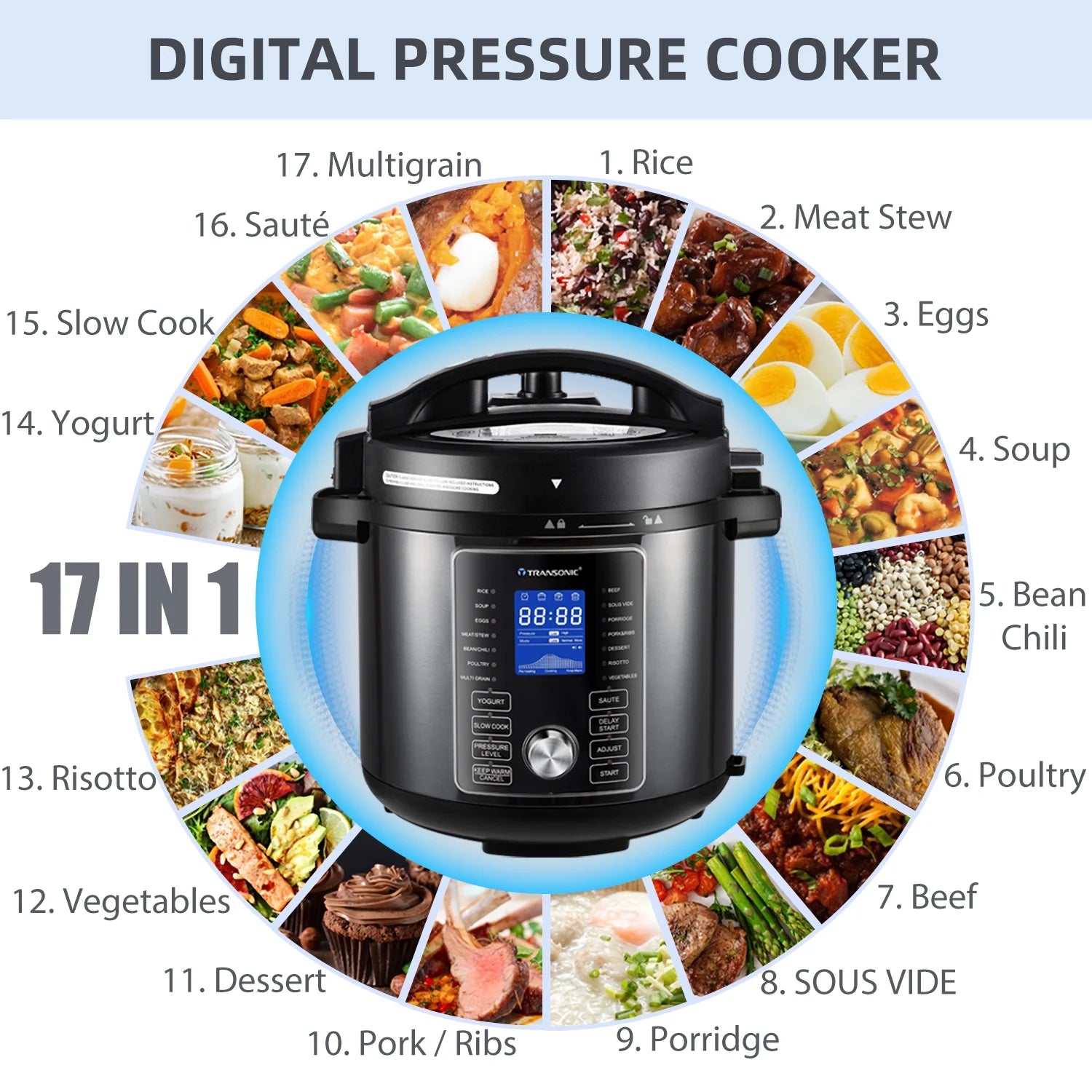 6 Quart Pressure Cooker and Air Fryer Combo with 2 Detachable Lids T190